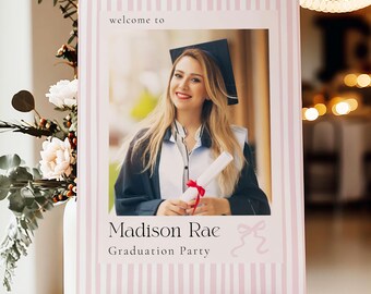 Pink Striped Graduation Welcome Sign Template Class of 2026 Preppy Graduated Photo Welcome Sign Template Graduation Party Sign