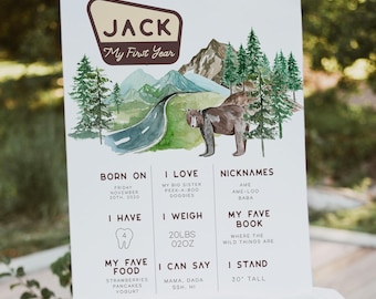 Peut inclure: Panneau personnalisé pour la première année d'un enfant, avec une illustration à l'aquarelle d'un ours, de montagnes et d'arbres. Le panneau comprend le nom de l'enfant, sa date de naissance, ses choses préférées et sa taille, qui est de 76 cm.