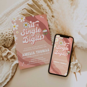 Out Of Single Digits Daisy Birthday Invitation, Groovy Birthday Party Invitation, Groovy Babe Birthday Daisy Hippy Party Invitation GRV