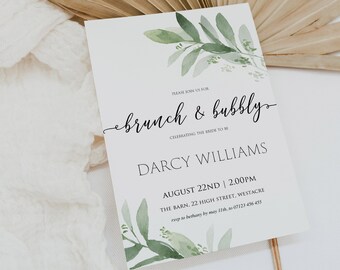 GREENERY | Brunch & Bubbly Invitation, Greenery Bridal Shower Invitation, Editable Invitation Template, Printable Invite, Bridal Shower, GLG