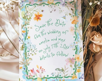 Save-the-Date-Karte mit Wildblumenmotiv, verspielte, handgezeichnete Vorlage für eine Hochzeitseinladung (in Canva bearbeiten)