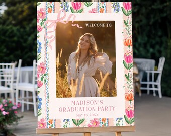 Floral Border Graduation Photo Welcome Sign Template Graduation Party Sign, Class of 2026 Sign Freshly Graduated Welcome Sign