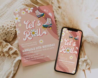 Inbjudan till födelsedagsfest med Let's Roll Daisy, inbjudan till groovy födelsedagsfest, roligt roller disco, inbjudan till hippie disco-fest med Daisy-motiv GRV