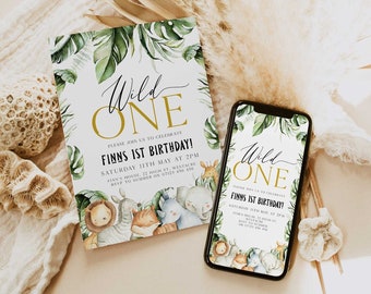 Wild One Birthday Boy Invitation, EDITABLE Wild One Invitation Printable, Safari Animal Wild One Party Invite, Safari Animals Invitation WO1