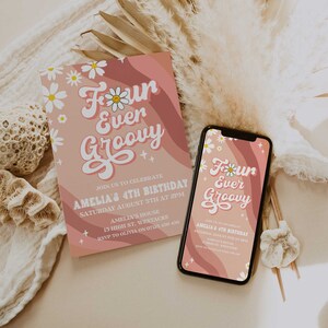 Four Ever Groovy Daisy Birthday Invitation, fourth Birthday Party Invitation, Four Ever Birthday Daisy Hippy Eighth Party Invitation GRV