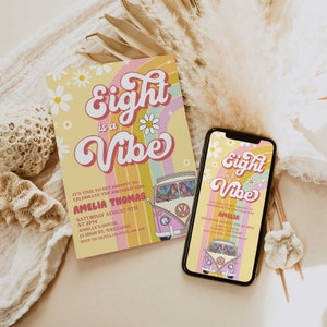 Eight Is A Vibe Birthday Invitation, Pink Van Rainbow, Groovy 8th Birthday Party Invitation, Birthday Vibe Hippy Eighth Party Invitation GRV