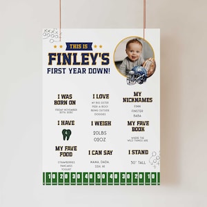 First Year Down Milestone Poster, My First Year Football Birthday Milestone Board, First Year Down Editable Birthday milestone Template FB1