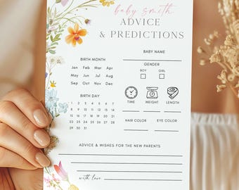 May include: A baby shower advice and prediction card with floral accents. The card includes sections for baby's name, gender, birth details, and advice for the parents. The text "baby smith ADVICE & PREDICTIONS" is at the top.