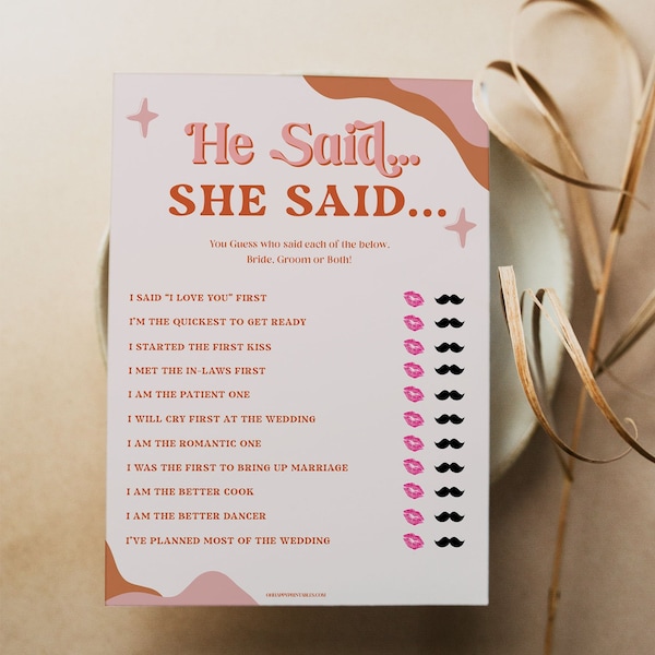 RETRO 70s He Said She Said Bridal Shower Game, Printable Bridal Shower Games, 70s Bridal Shower, Bride or Groom Game, Bridal Shower Game RS2