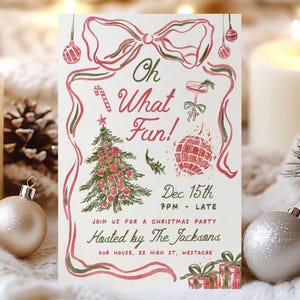 Oh What Fun kerstfeestuitnodiging, bewerkbare handgetekende doodle Friendsmas-feestuitnodiging, canvassjabloon kerstfeestuitnodiging, rood goud