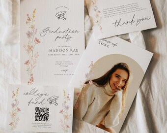 Minimal Floral Graduation Invitation Bundle, Freshly Graduated Party Set Including College Fund Thank You Insert Class Of 2026