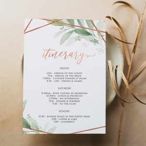 ROSE GOLD GREENERY | Itinerary Template, Editable Bachelorette Weekend Itinerary, Hen Weekend Itinerary Template, Printable Itinerary rgg