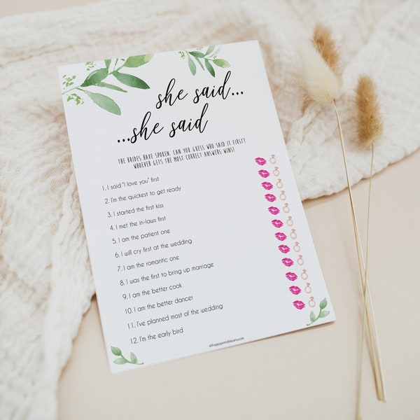 EDITABLE She Said She Said Same Sex Bridal Shower Game, Greenery Lesbian Bridal Shower Games, Greenery Floral Lesbian Wedding Games, GLG