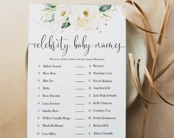 Celebrity Baby Names Game, Printable Baby Shower Games, White Floral Baby Shower Games, Celebrity Baby Names, Fun Baby Shower Games WH1