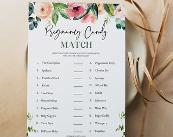 Peonies Baby Shower, Pregnancy Candy Match Game, Printable Baby Shower Games, Floral Baby Shower Games, Candy Match Game, Fun Baby Games PP2