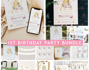 Princess FIRST BIRTHDAY Party Bundle, Editable Royal Princess 1st Birthday Invitation Set, One-ce Upon A Time Birthday Party Decor PR1