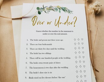 Bridal Shower Game Over or Under, Eucalyptus Greenery, Bridal Shower Game Ideas, Printable Games, Greenery Bridal Shower, Wedding Shower EW2