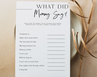 What Did Mommy Say Baby Game, Printable Baby Shower Games, Modern Baby Shower, Editable Baby Games, Coed Baby Game Baby Shower Activity AH1