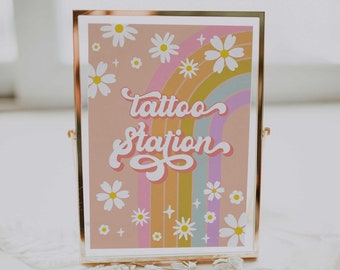 Groovy Birthday Party Decor Tattoo Station 70' Daisy Sign Decor Groovy Rainbow Hippie Birthday Decoration Editable Birthday Decor Signs GRV