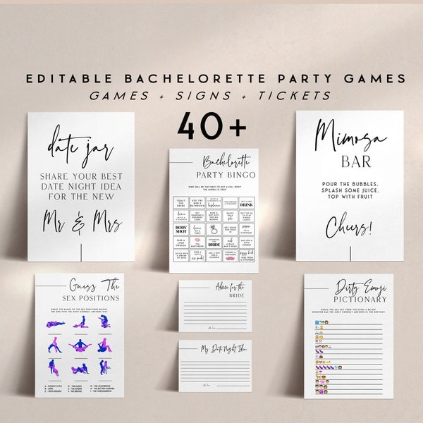 40 BACHELORETTE Games Bundle, Dirty Bachelorette Party Games, Modern Bachelorette Editable Template, Hen Party Games, Willy Game HP2