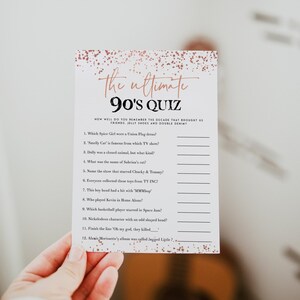 Jogo de despedida de solteira para impressão, quiz dos anos 90 Rose Gold Jogos de despedida de solteira, jogos de despedida de solteira, jogos de festa retrô dos anos 90, download para impressão, RGC