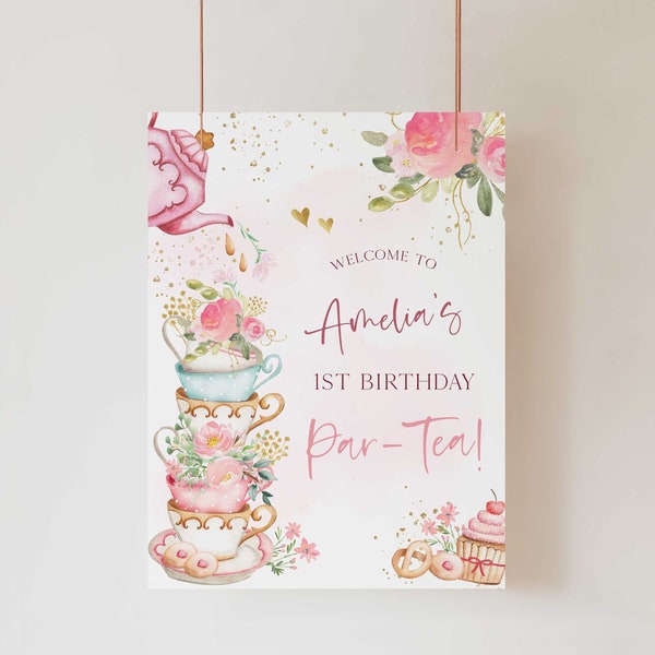 Tea Party Birthday Welcome Sign, Editable First Birthday Tea Party Welcome Sign, Floral Pink Whimsical Birthday Garden Party Welcome TP1