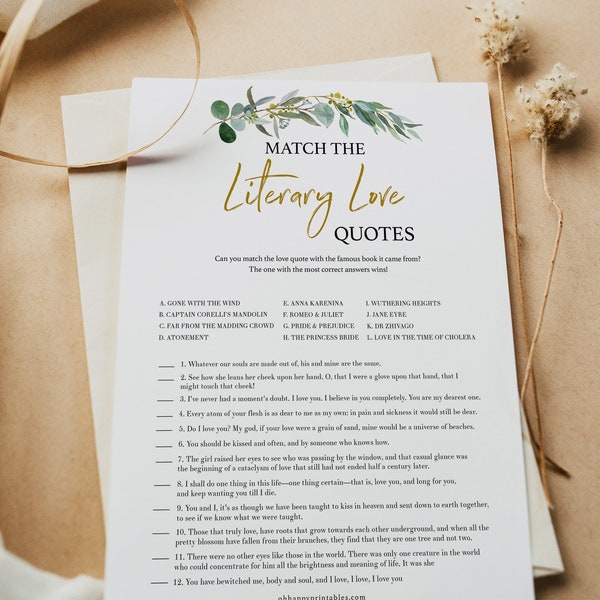 Bridal Shower Game Literary Love Quotes, Wedding Shower Games, Eucalyptus Greenery, Bridal Shower Game Printable, Bridal Game Ideas, EW2