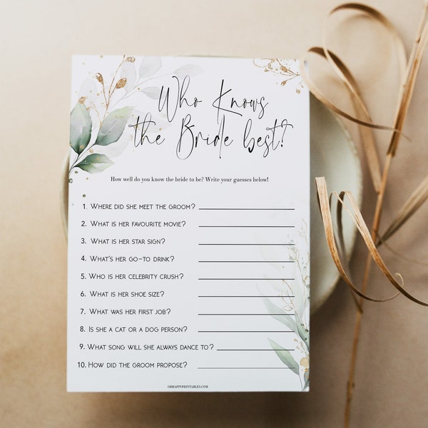 Do you Know the Bride Bridal Shower Game, Gold Botanical, Printable Bridal Shower Games, Who Knows the Bride Best, Bridal Game Ideas, GL4