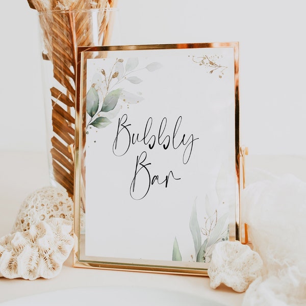 Bubbly Bar Printable Sign, Botanical Greenery, Gold Leaf, Party Decor, Bubbly Bar Print, Bridal Shower Decor, Bridal Shower Table Sign GL4