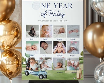 Hole In One 1st Birthday Photo Milestone, My First Year Golf Birthday Year Photos Board Canva Editable Template Hole in One Birthday GO1