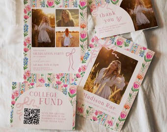 Bright Floral Graduation Invitation Bundle, Freshly Graduated Party Set Including College Fund Thank You Insert