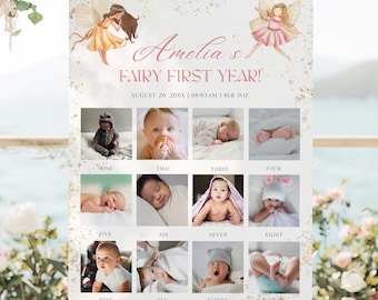 Fairy First Birthday Photo Milestone Sign, Editable Whimsical First Year Birthday Poster, Fairy 1st Birthday 12 Month Photo Collage sign FA1