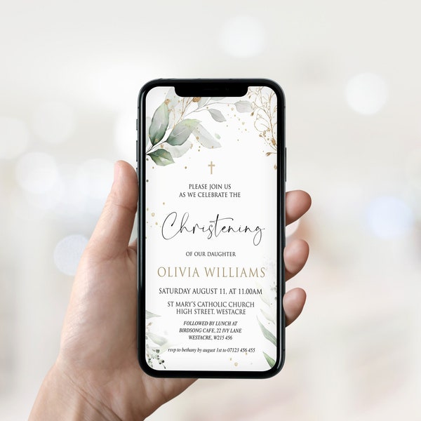 DIGITAL Christening Invitation Template, Electronic Invite, Christening Invite, Phone Invitation, Gold Greenery, Botanical, Christening