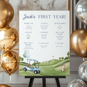 Hole In One 1st Birthday Milestone Poster, My First Year Golf Birthday Milestone Board Canva Editable Template Hole in One Birthday GO1 image 1