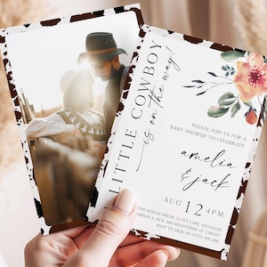 A Little Cowboy Baby Shower Invite, Cowboy Baby Shower Invitation, Editable Baby Rodeo Invite, Western Cow Print Baby shower Invitation CBB