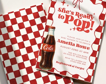 Sie ist bereit für die Babyparty-Einladung, Soda-Babyparty-Einladung, Retro-Sie ist bereit für die Babyparty, bearbeitbare Canva-Vorlage Invite RTP