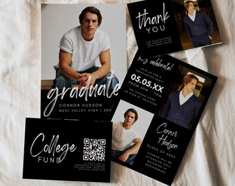 Photo Graduation Invitation Bundle, Freshly Graduated Party Set Including College Fund Thank You Insert Editable Template