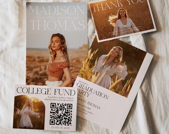 Graduation Invitation Bundle, Freshly Graduated Party Set Including College Fund Thank You Insert Editable Template