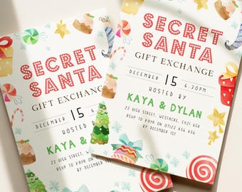 シークレットサンタ招待状テンプレート、クリスマスパーティー招待状、編集可能なテンプレート、シークレットサンタ招待状、クリスマスギフト交換招待状