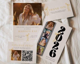 Film Strip Graduation Invitation Bundle, Freshly Graduated Party Set Including College Fund Thank You Insert Editable Template