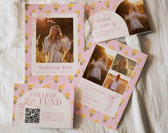 Pink Polkadot Graduation Invitation Bundle, Freshly Graduated Party Set Including College Fund Thank You Insert Editable Templates