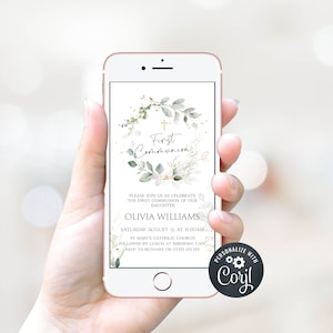 DIGITAL First Communion Invitation, Phone Invitation, Electronic Invite, Son Daughter First Communion, Botanical Greenery, Gold, Editable