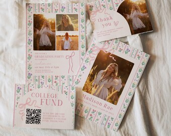 Pink Floral Graduation Invitation Bundle, Freshly Graduated Party Set Including College Fund Thank You Insert