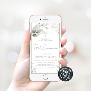 May include: A digital invitation for a First Communion celebration with a green and gold floral design. The invitation includes the text "Please join us as we celebrate the First Communion of our daughter Olivia Williams. Saturday August 11 at 11:00am St Mary's Catholic Church followed by lunch at Birdsong Cafe High Street."