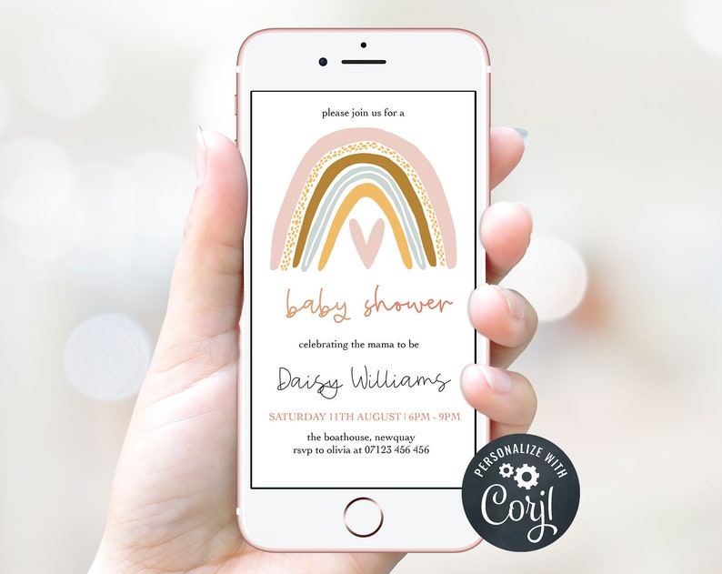 DIGITAL Boho Rainbow Baby Shower Invite Editable Invitation Template Boho Baby Shower Electronic Invitation Phone Invitation