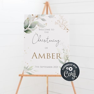 EDITABLE Gold Green Leaf Christening Welcome Sign, Printable Christening Welcome Sign, Christening Welcome Sign Decor, Christening Decor