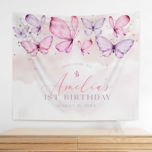 BUTTERFLY First Birthday Welcome Backdrop, Purple Butterfly Birthday Welcome Banner, Girl Butterfly Party Decor, First Birthday Banner BF2