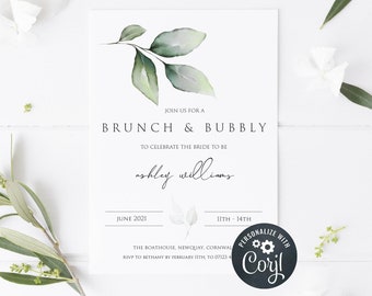 EDITABLE Brunch & Bubbly Invitation Template, Greenery Bridal Shower Invitation, Modern Invitation, Bridal Brunch Invitation, Printable SG2