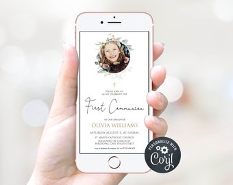 DIGITAL First Communion Invitation Template, Electronic Invite, First Communion Invite, Phone Invitation Greenery, Photo Invitation EVite