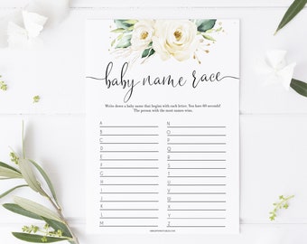 Baby Name Race Game, Printable Baby Shower Games, White Floral Baby Shower Games, Baby Name Race, Floral Baby Shower Games, Baby Games WH1